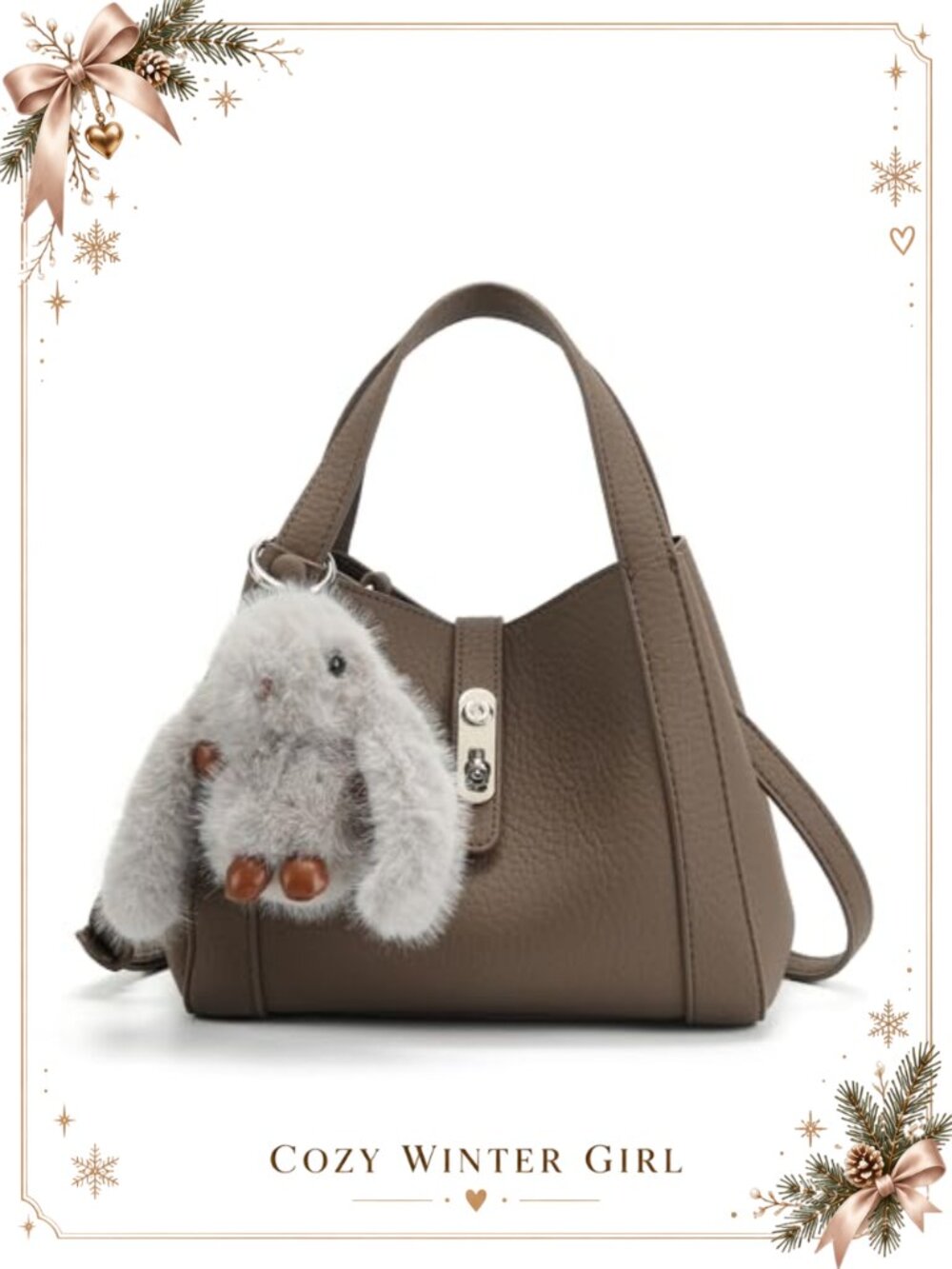 YONBEN PU Leather Handbag Set Zip Pouch Bunny Charm Top Handle Crossbody